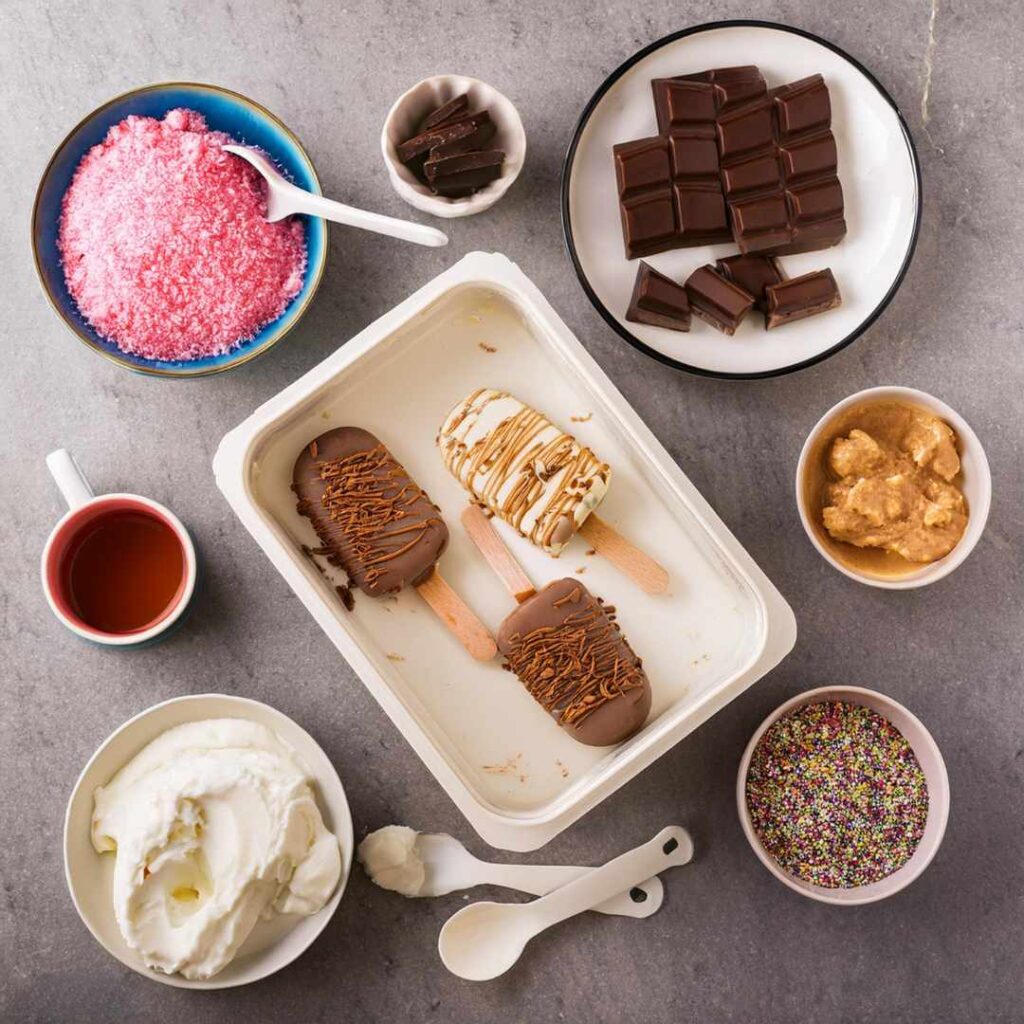 ingredients and tools needed to make Eskimo Pie popsicles