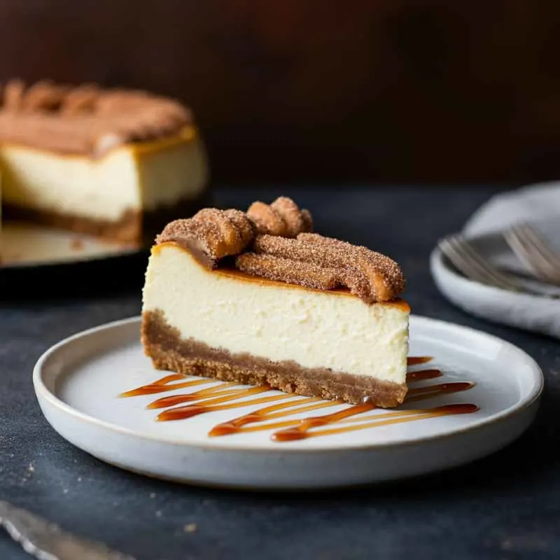 churro cheesecake on a plate